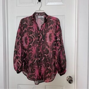 By Chance Pink and Black Leopard Print Button-Down Blouse